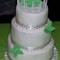 Sweet 16 First stacked cake. Buttercream frosting with fondant/gumpaste flowers and butterflies. Very scary trying to get it to the party every bump...