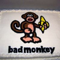 Bad Monkey White cake, all decorations in buttercream, I printed a mirror image of the design then used a clear piping gel transfer as guide for the...