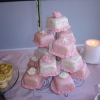 Pink And White Teacakes Almond butter cake, almond-flavored poured fondant base icing, borders and flowers in almond buttercream. Baked cakes in sqaure mold pan...