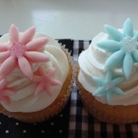 Cupcakes These are some cupcakes I made for a lake trip. Buttercream frosting with fondant decorations and shimmer dust in the middle.