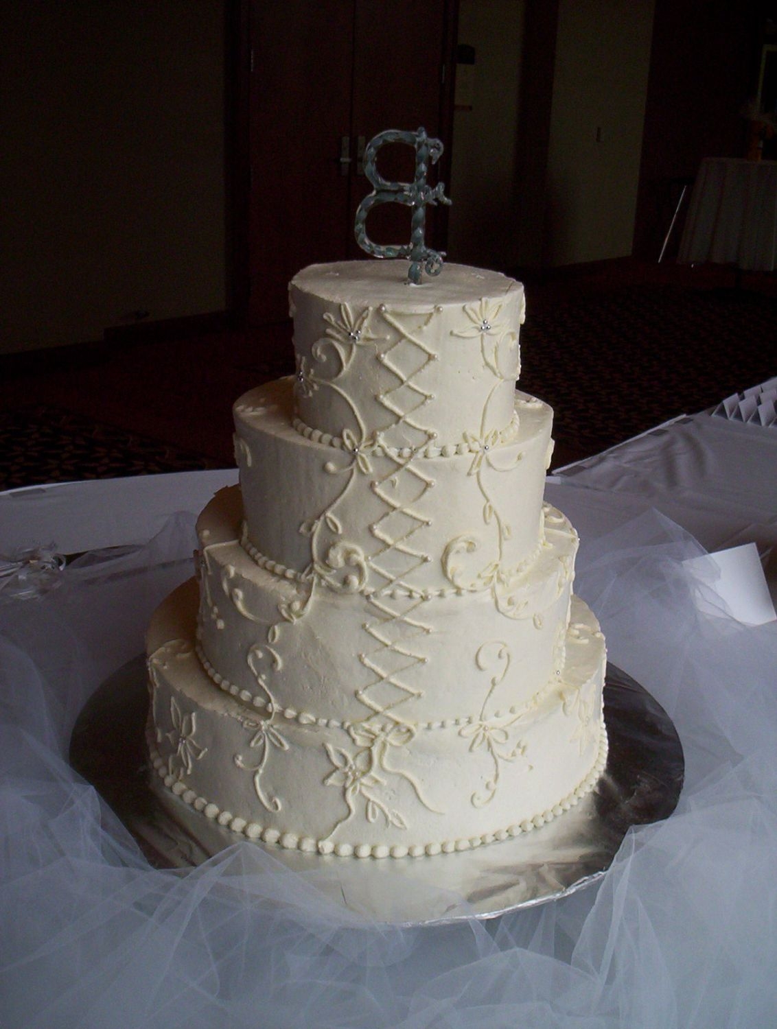 Lori's Cake, View 2 Showing the back side, emulating the lacing in the back of the bride's gown.