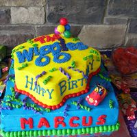 The Wiggles This was for my sons 2nd birthday. 16inch & 14inch shaped, fondant accents, bought the wiggles cake kit from Walmart, iced in...