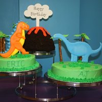 Dinosaur Birthday Cake This cake was for a duel birthday party for a four year old and a two year old. The dinosaurs caused me great stress as I was extremely...