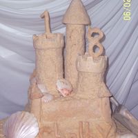 Shelby's Sandcastle This was my first attempt at a sandcastle cake. 2 tiers, 8X8 and 10X10 square chocolate w/ buttercream. The towers are made of RK treats...