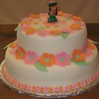 Luau Pineapple cake with coconut cream filling covered with fondant and flowers to coordinate with party theme colors. This wasa 1st birthday...