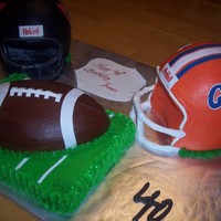 Football Helmets helmets carved in choco cake, vanilla cake for football and field...all buttercream, with fondant/gumpaste accents.