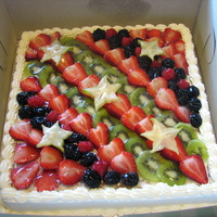 Fresh Cut Fruit Birthday Cake vanilla sponge cake filled with Dutch vanilla custard, frosted with sweetened and stabilized whip cream and topped with sliced strawberries...