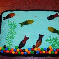 Fish Tank Made for my mother'sbirthday - she loves fish and has heapsof fishtanks. Buttercream cake with lollies for the fish/pebbles.