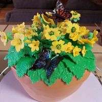 Flower Pot Cake # layer chocolate cake with milk choc BC and MMF. Flowers are MMF, butterflies are wafer paper. Everything is edible except the butterfly...