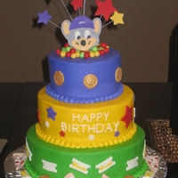 Chuck E Cheese Cake Chuck E Cheese themed cake. Cake iced with buttercream. Decorations are fondant.