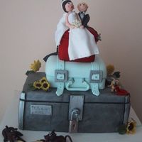 Suitcase Wedding Cake First wedding cake i ever did. Started off as three blue suitcases and progressed into a tool box, blue suitcase, red vanity bag, bride and...