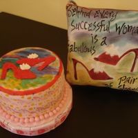 Small Gift For A Shoe Lover MMF covered cake, hand painted, buttercream shoe. cake is 5''diameter & 3'' tall.