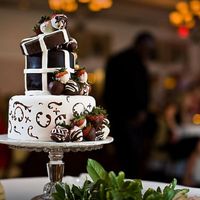 Strawberry Cake Box Bottom tier is painted fondant, top tier is chocolate fondant with white fondant detail, and non-edible lid. chocolate covered strawberries...