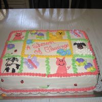 Farm Animal Baby Shower Baby shower cake for a shower with farm animals as the theme. Buttercream, except the flowers and butterflies are royal. 1/2 strawberry...