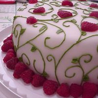 Summer Raspberry Cake Simple butter cake with raspberry creme filling, covered in fondant and piped with green vines & leaves with fresh raspberries. Yum!