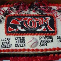 Storm Baseball Team Cake This was done for my son's end of the season party, white cake with buttercream icing, BCT for the emblem & baseball was a magnet...