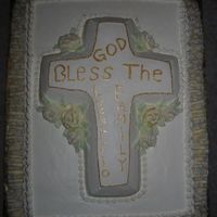 Cross Cake (2) 9x13 with cross shaped cake on top, all chocolate with whipped cream icing. Flowers and leaves were bc and the gold was luster dust.