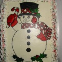 Snowman.jpg First time I used a projector to draw a design. I drawed it on an icing sheet then put it on the cake.