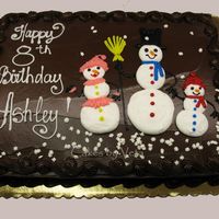 Snowmen For Winter Birthday 1/2 cake covered with fudge icing and decorated with wintery theme. Little girl was very specific about the looks of snomen (-girl) :o)