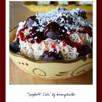 Spaghetti Cake Many thanks to nanahaley & missrosebush for all their help & quick answers. Chocolate donut holes for the meatballs, strawberry...