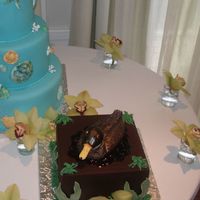 Duck Cake This cake was made for a groom who likes to hunt. The duct is mainly covered in chocolate fondant icing and hand sculpted and painted in...