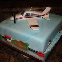 Exact Replica Of A 1977 Piper Archer Plane 3D cake with plane flying over the beach, the city, the farm and Alaska. each side has a different theme. The beach has a lighthouse, a...
