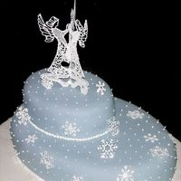 Dance Of The Snowflake Angels Lemon cake, lemon filling, buttercream icing covered w/fondant. Royal icing angels are piped separately and assembled on cake.