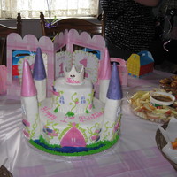 Castle Cake For a first birthday. Fondant and royal icing accents. RKT/I-C cone turrets. piping gel moat.