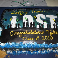 Lost Graduation Lost-themed grad party. Airbrushed buttercream with fondant accents. Baked and decorated in 90-degree heat and high humidity--really...