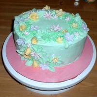 Spring Flowers This is a cake that I made for Easter. It is strawberry cake with buttercream icing and MMF flower accents. This is my first time using MMF...