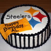 Steelers Birthday Cake This is a Banana Cherry Nut Cake with Vanilla Creme Frosting with fondant accents.