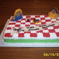 We Gather Together Sugar cookies for the people, fondant for banner and food, buttercream on yellow cake-did this for friends church picnic raffle-brought top...