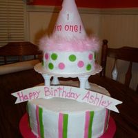 Ashleys_1St_Bday_Cake.jpg Bottom layer was a 10 inch double layer white cake, top tier was 6 inch double layer chocolate cake. Covered in BC icing with fondant polka...