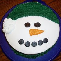 Snowman_Cake.jpg 8 inch double layer round cake. All buttercream icing! Quick and Easy! My kids loved it! :)