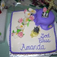 Confirmation Cake The cake is a white cake colored violet inside with chocolate buttercream filling. Icing is BC, little girl and bible are gumpaste, altar...