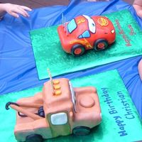 Lightening Mcqueen And Mater These were for my twins 3rd birthdays. I carved the pound cake into the shapes and covered with fondant.