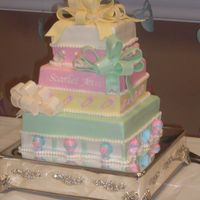 3-Tier Baby Shower Cake covered in fondant, gumpaste bows. Design was copied from another cake on cc.