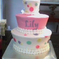 3 Tier Baby Girl Mod Shower Each tier is white cake w/cream cheese filling covered in bc & fondant dots & bow.