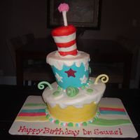 Dr. Seuss Birthday Cake Tilted cake covered in buttercream, RK hat covered in fondant w/fondant accents
