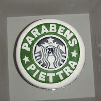 Starbucks Birthday Cake I made this for my Brazilian Friend. It is the Darn Good Chocolate Cake with Cofee buttercream. Coverered in Fondant with fondant cutouts...