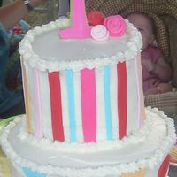 1St Birthday White cake with buttercream icing and fondant polka dots, stripes and 1 with small roses.