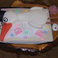 Stork head and body made out of 2 circle (head cut smaller and trimmings used for wings) cake pans. neck and bill are made from bread pan cut...