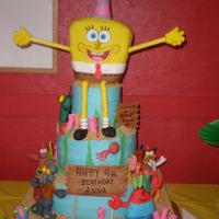 Sponge Bob 3 teir stacked cake covered in butter cream. Sponge bob is made out of rice crispy treats and fondant. All the surrounding figures and...