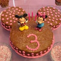 Mickey & Minnie Mickey ears using 9' & 6' pans. My daughter was more focused on Minnie thus the pink dots. Hershey syrup choc frosting and...