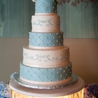 Mcdowell Wedding Blue and white buttercream, five tier cake with hand rolled edible pearls and scrolls.