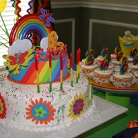 Colorful Rainbow And Flowers Butterflies / Arcoiris This was my daughter's 6th B-day cake. Butter recipe with vanilla custard filling and merengue frosting, and colorful sprinkles. The...