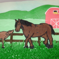 Farm Cake Frozen BC Transfer landscape and barn. Horse and calf are also FBCT laid on top giving it a layered look. Finished with BC grass, fence,...