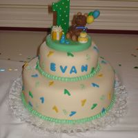 Bear's 1St Birthday! Fondant /gumpaste plaque on top. Everything molded by hand.