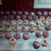 Cupcake Pops Based off of bakerella for my son's 3rd birthday. He loves purple, so the bulk of them are purple "iced".