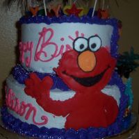 Two Sided Cake- Better Look At Elmo if you look at the arm you will see that my daughter got a little excited and broke it but i think it looks okay